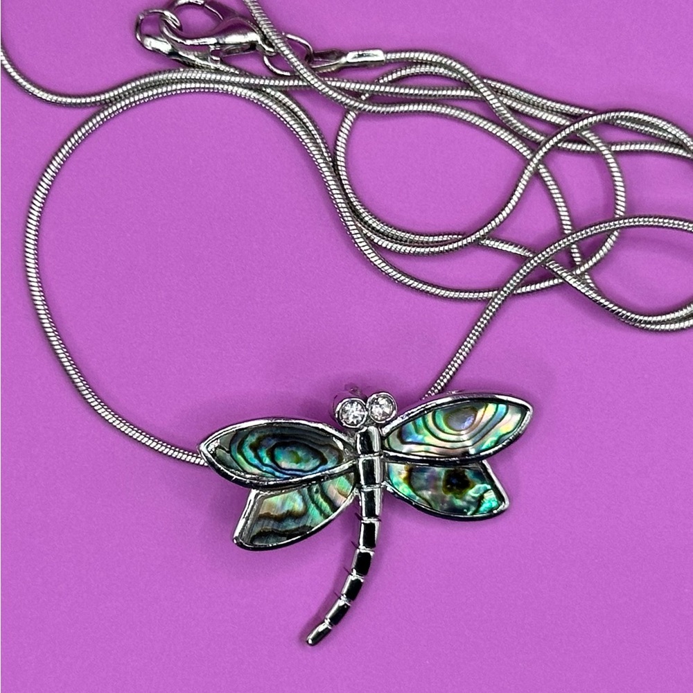 Natural Shell DragonFly Pendant w/ crystal eyes 24” stainless Steel chain